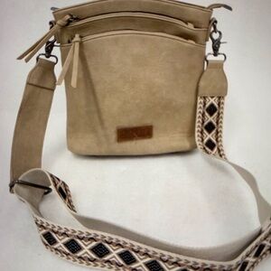 Tan and Black Crossbody Bag with Guitar Strap